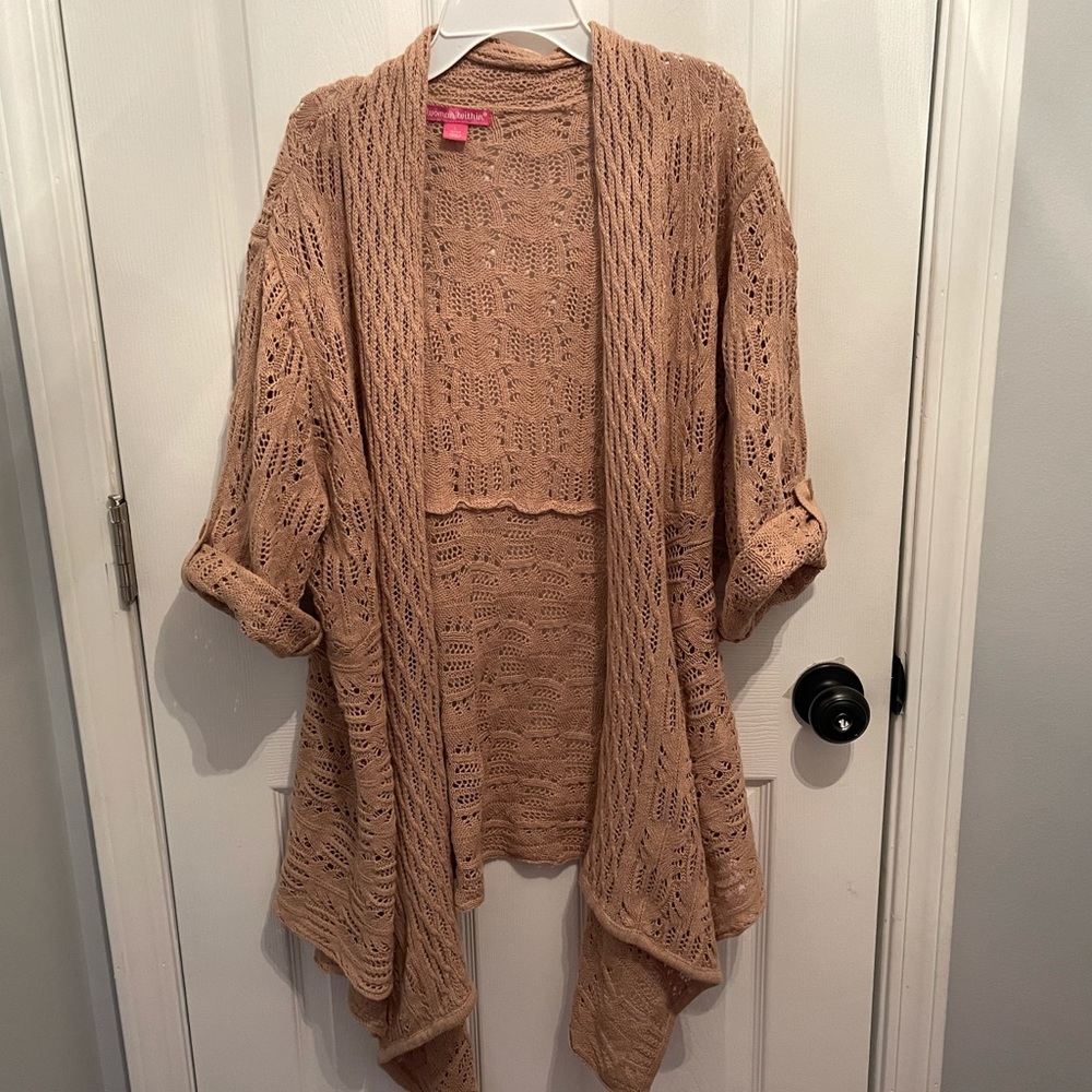Woman Within Crochet Open Front Pointelle Cardigan L
